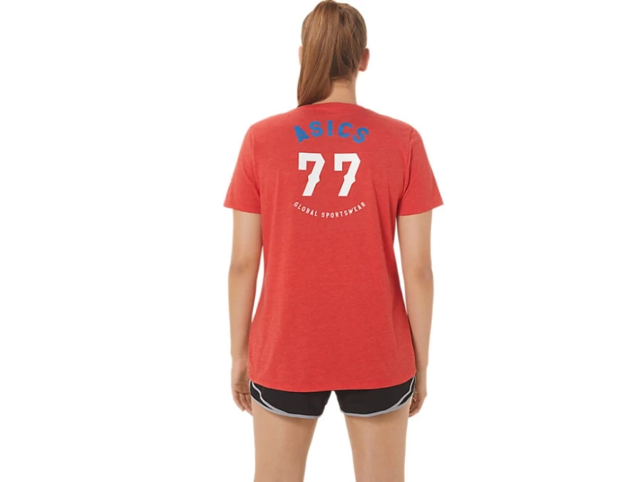 ASICS Women's 1977 Heritage Americana V-Neck T-Shirt in Classic Red Heather