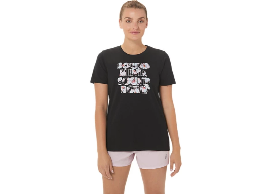 ASICS Women's HIBISCUS SLOGAN CREW T-Shirt in Performance Black