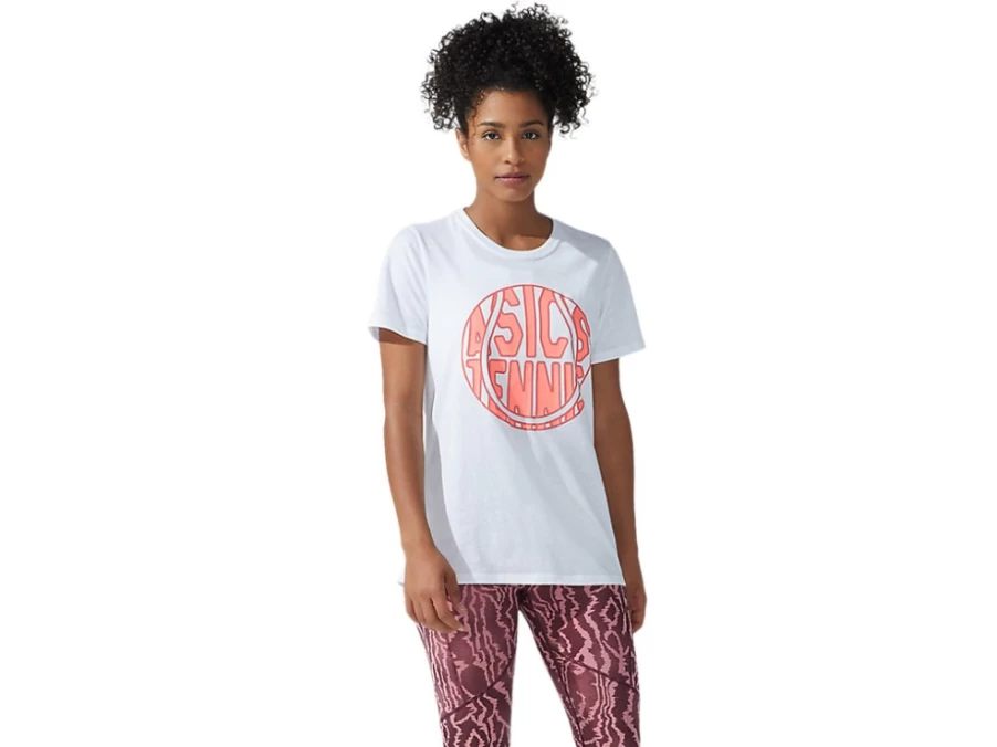ASICS Women's Graphic Tee - STRONG 92 Design in Brilliant White & Blazing Coral