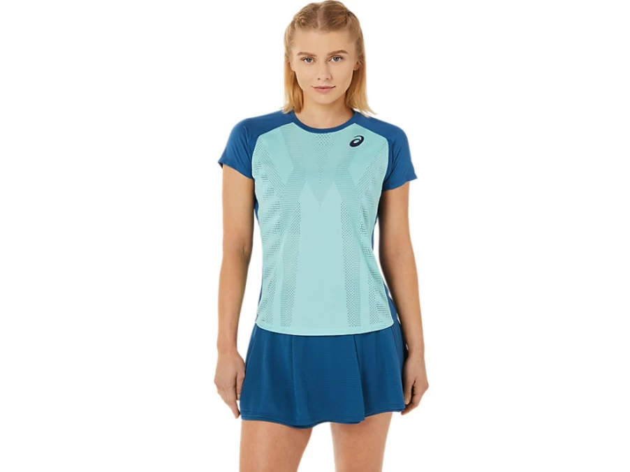 ASICS Women's ACTIBREEZE Short Sleeve Top - Oasis Green & Light Indigo - Moisture-Wicking Running Shirt