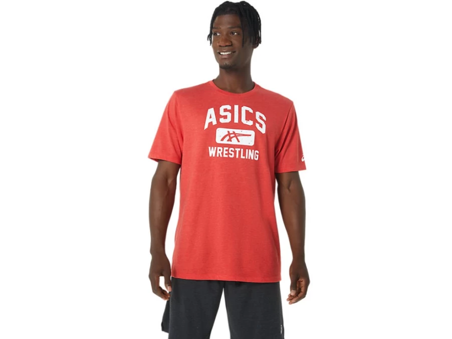 ASICS Unisex Classic Red Heather Wrestling Graphic Tee - Comfortable & Stylish Sportswear